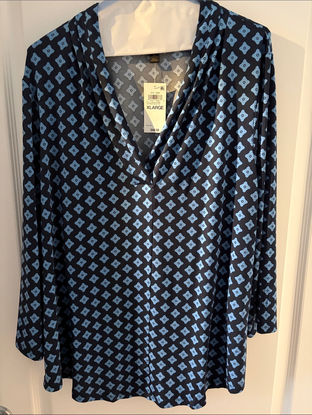 JM Collection Navy and Light Blue Geometric V-Neck Tunic